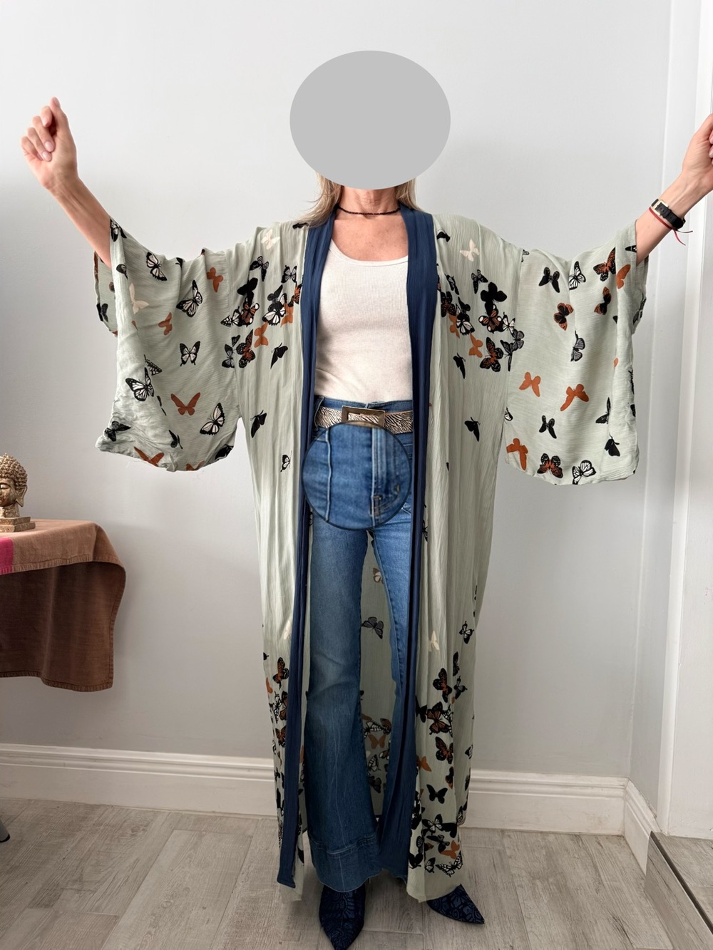 Kimchi Blue Butterfly Kisses Long Kimono Duster – Sheer Boho, sage and blue